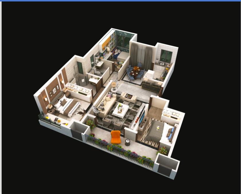 E戶型建面約124平方米，三室兩廳兩衛(wèi)