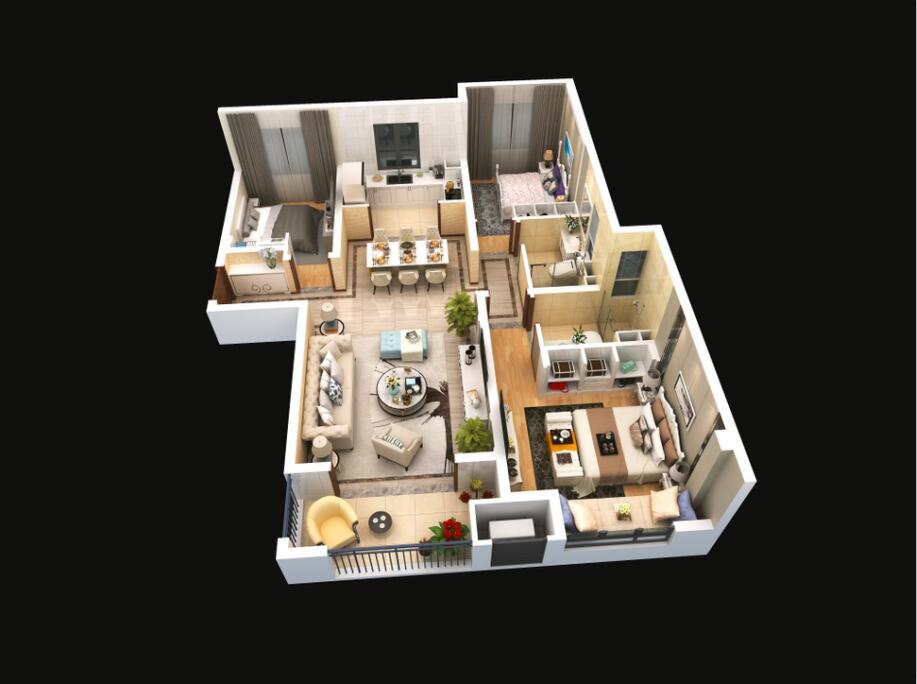 A戶型建面約117平方米，三室兩廳兩衛(wèi)