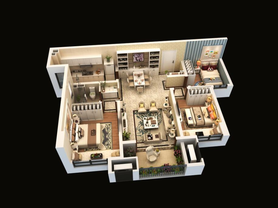 B戶型建面約96平方米，三室兩廳一衛(wèi)