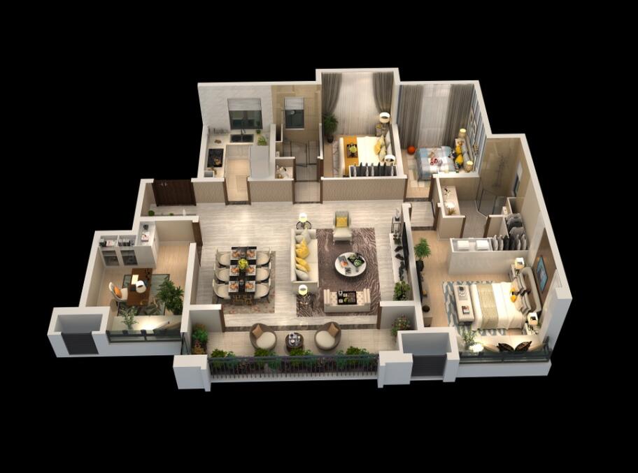 F戶型建面約142平方米，三室兩廳兩衛(wèi)